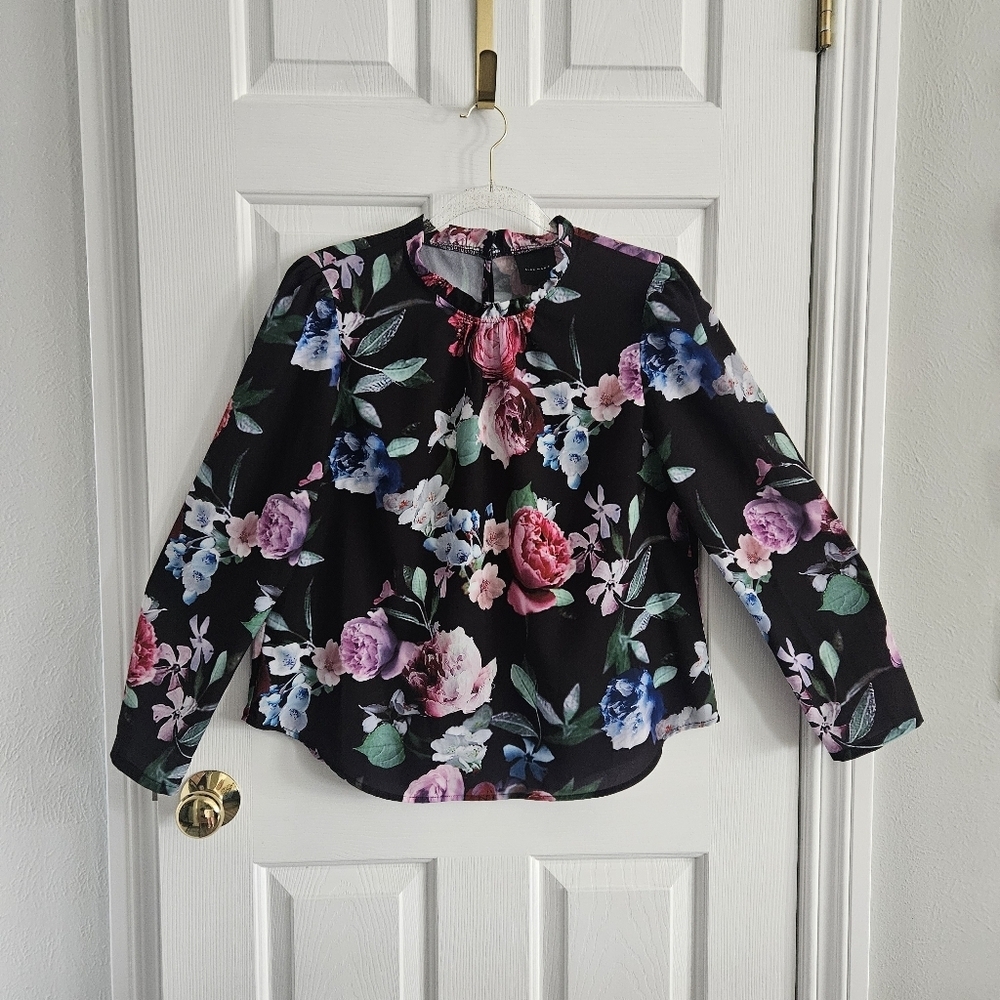 Alex Marie Black Floral Keyhole Blouse with Pink & Blue Flowers